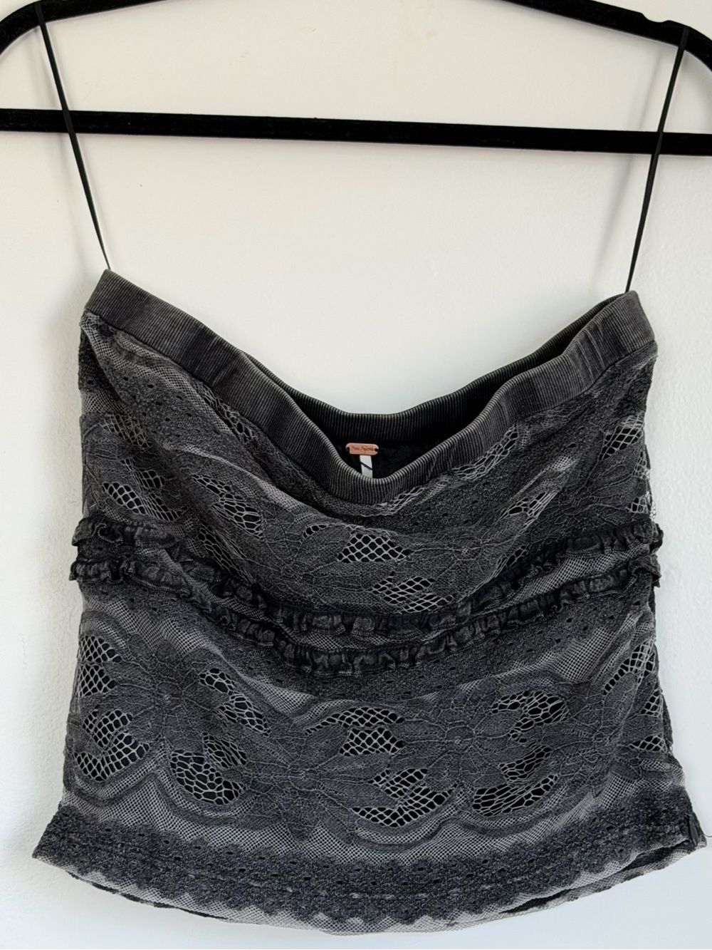 Lace Overlay Cowl Neck Spaghetti Strap Top - Charcoal Gray